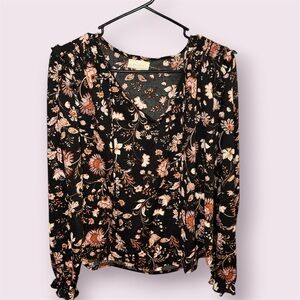 Melloday Black Floral Ruffle Blouse Long Sleeve Size Large Boho